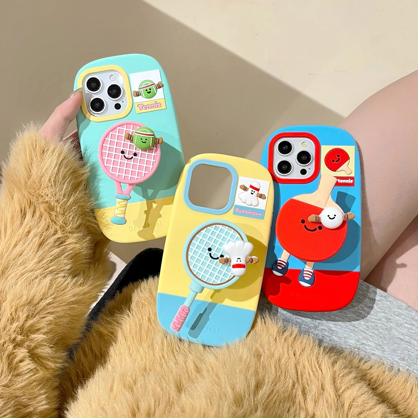 【スポーツシリーズ】立体ラケット＆キャラクター かわいい3Dスポーツデザイン スマホケース｜iPhone対応 #251009