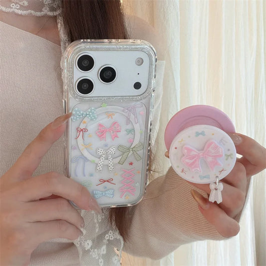 カラフルリボン Magnet内蔵 グリップ iPhoneケース｜韓国ガーリー・淡色カラー #230829