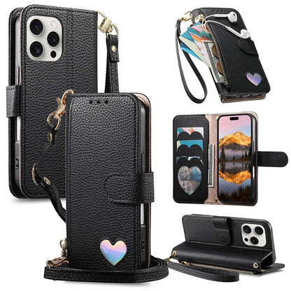 【ブックスタイル】ハートモチーフ レザー調 財布一体型 手帳タイプ iPhoneケース｜ショルダーストラップ付き #240205