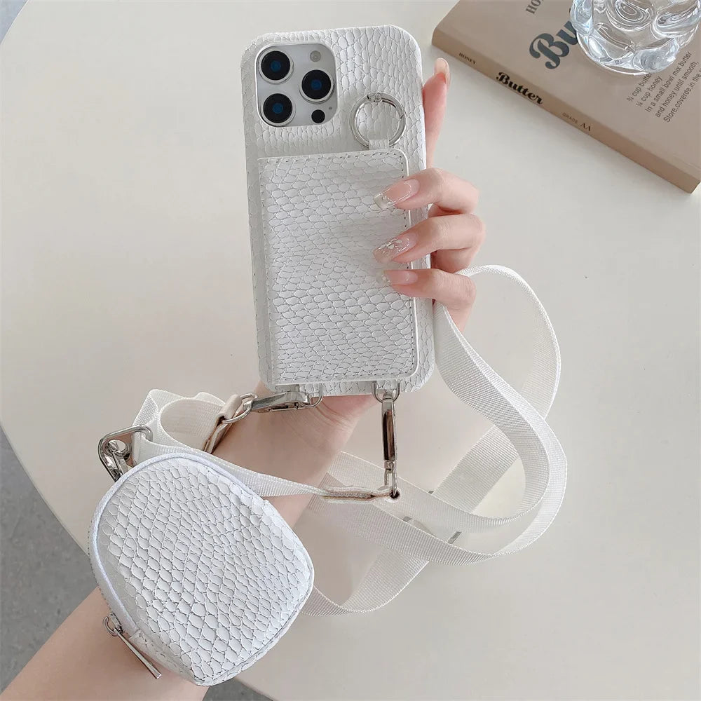 【スネークシリーズ】ヘビ柄 高見え ショルダーストラップケース ＋ カード収納 ミラー ミニポーチ #240916