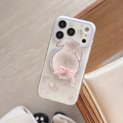 うさぎグリップ 小花×パープル クリア Magnet内蔵 iPhoneケース｜淡色・透明感 #260016