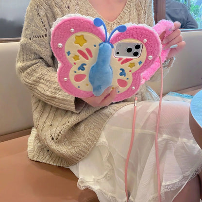 【ブックスタイル】もこもこ ちょうちょモチーフ 手帳型 ぬいぐるみ風 iPhoneケース #240610