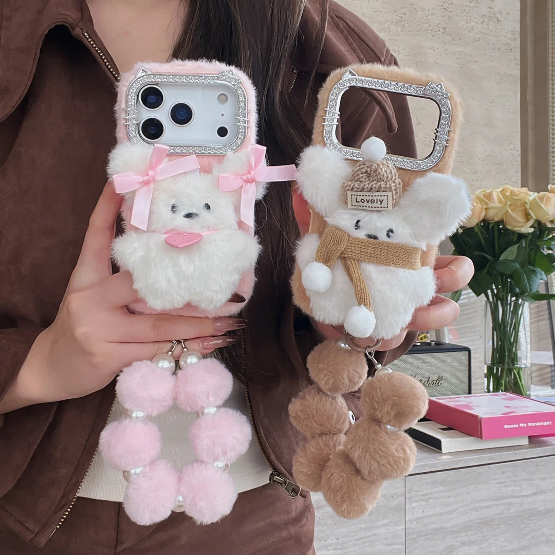 【ふわもこアニマルシリーズ】リボンベア スマホケース｜もこもこ素材 × ポンポンストラップ付き｜iPhone対応 #241205