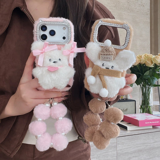 【ふわもこアニマルシリーズ】リボンベア スマホケース｜もこもこ素材 × ポンポンストラップ付き｜iPhone対応 #241205