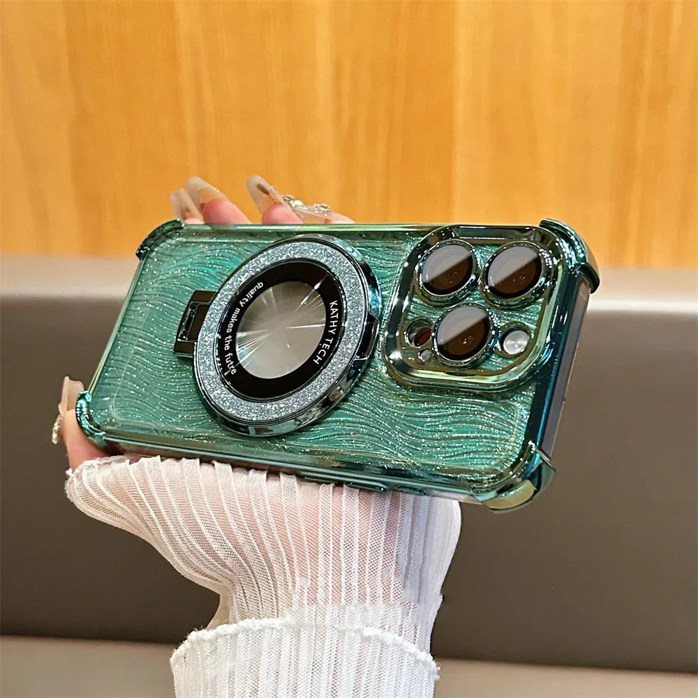 【Magsafe対応】高級感 ゴールド×ラメ リング付き iPhoneケース｜耐衝撃・スタンド機能・キラキラデザイン｜iPhone対応 #250407