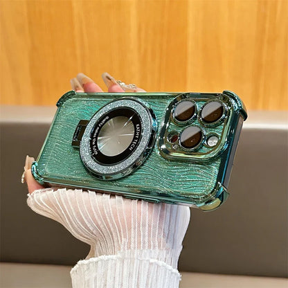 【折りたたみリングスタンド】高級感 ゴールド×ラメ リング付き iPhoneケース｜耐衝撃・スタンド機能・キラキラデザイン｜iPhone対応 #250407