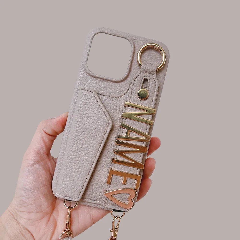 【カスタムシリーズ】ゴールドネームプレート ショルダーストラップ付き レザー調 iPhoneケース  ｜iPhone対応 #240712