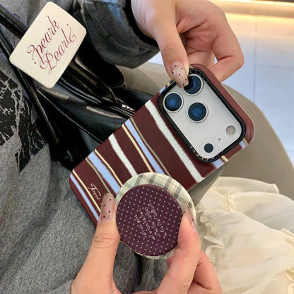 【Magnet内蔵】ボルドー マルチカラーストライプ ×ドット スター スタンド スマホケース｜iPhone対応 #241224