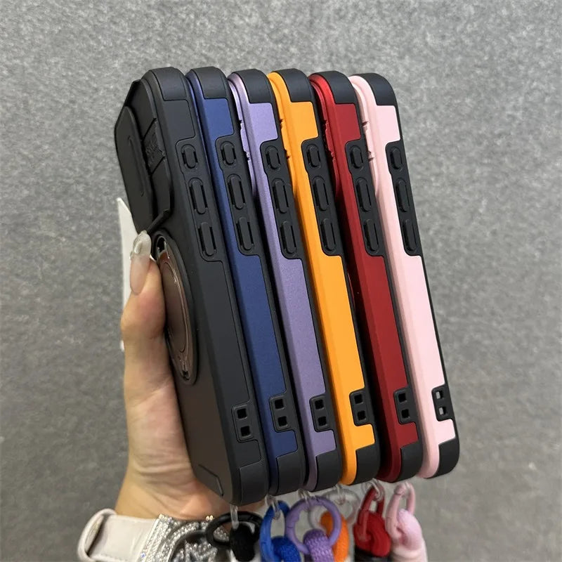【耐衝撃シリーズ】カメラレンズカバー付き マグネット対応 スタンド機能 ストラップ付き スマホケース｜iPhone対応 #251226