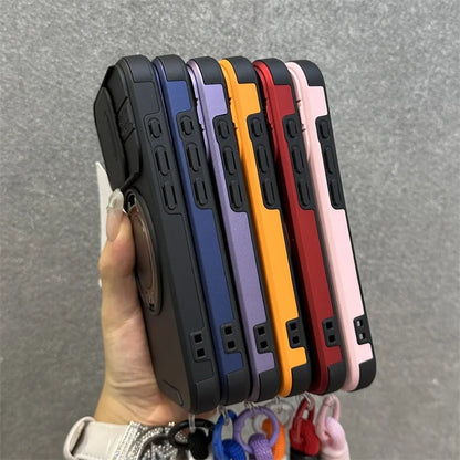 【耐衝撃シリーズ】カメラレンズカバー付き 折りたたみリングスタンド ストラップ付き スマホケース｜iPhone対応 #251226