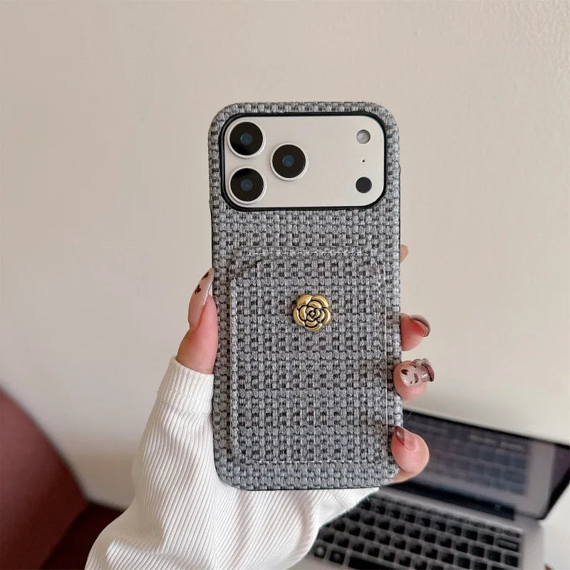 ツイード調 カメリアボタン カードポケット付き iPhoneケース｜上品エレガント・高見え #260012
