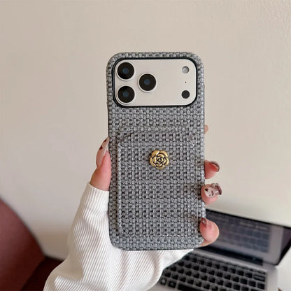 ツイード調 カメリアボタン カードポケット付き iPhoneケース｜上品エレガント・高見え #260012