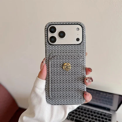 【ツイード調 】iPhoneケース カメリアボタン カードポケット付き｜上品エレガント・高見え #260012