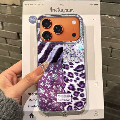 【パープルパッチワーク】アニマル レオパード ヒョウ柄×フラワーデザイン おしゃれ スマホケース｜iPhone対応 #250305