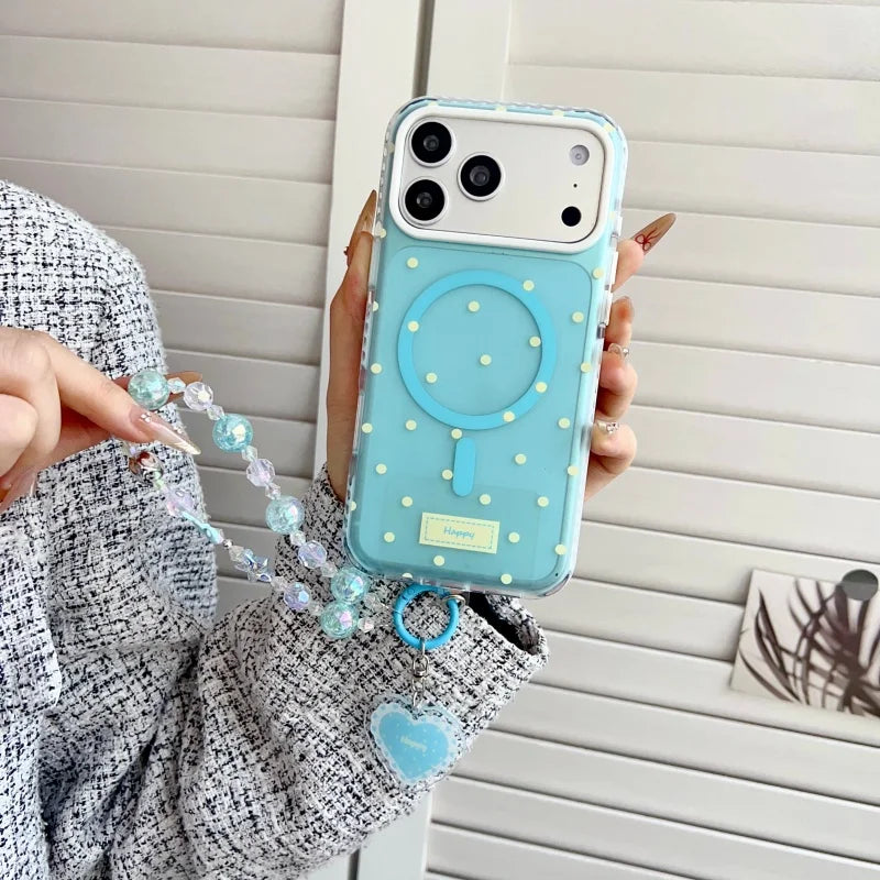 ハートグリップ ビーズストラップ付き ドット柄 韓国風 iPhoneケース #240509