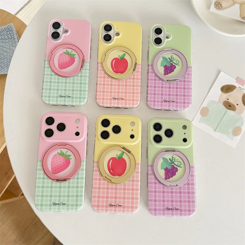 フルーツモチーフ チェック柄 グリップ付き iPhoneケース｜ポップ・ガーリー #260100