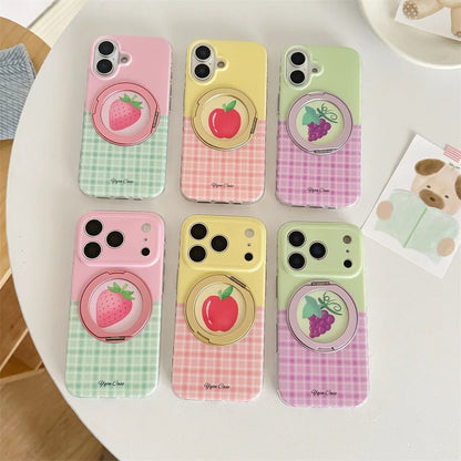 フルーツモチーフ チェック柄 グリップ付き iPhoneケース｜ポップ・ガーリー #260100