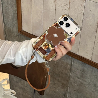 【フラワーパールスタンド】マーブル調×花柄 レザーチャーム付き スマホケース｜iPhone対応 #250312