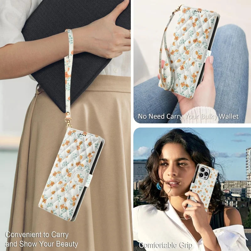 【ブックスタイル】花柄 フラワーキルティング ストラップ付き 手帳型 iPhoneケース｜カード収納 ショルダー対応 #240110
