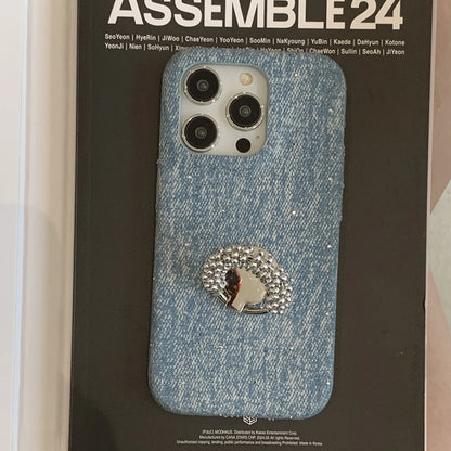 【デニムパール】ヴィンテージ デニム調 パール ビーズリング スタンド スマホケース｜iPhone対応 #250420