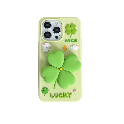 【3Dシリーズ】立体クローバー×LUCKYポップデザイン スマホケース｜iPhone対応 #250918