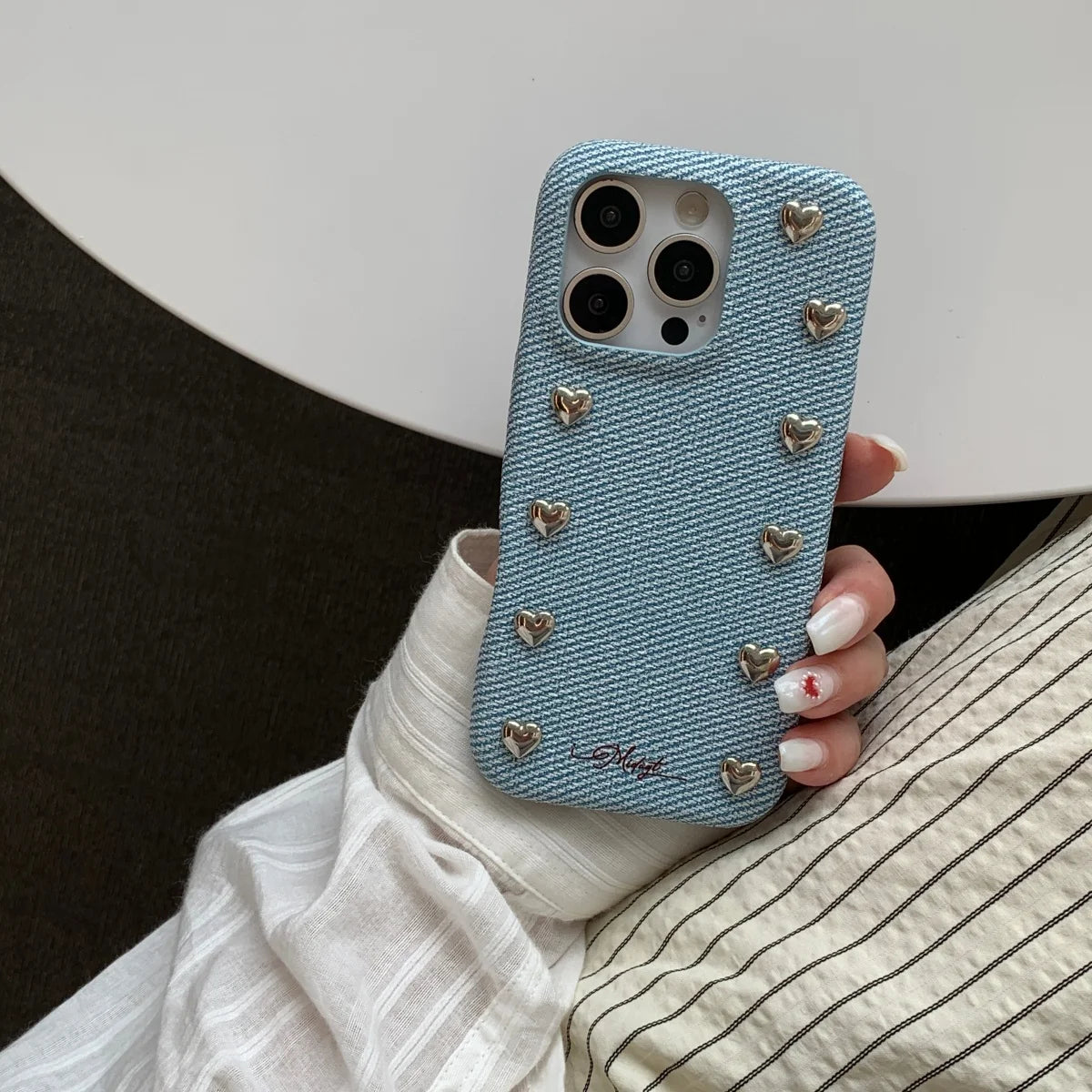 【ハートスタッズシリーズ】シルバーハート レザー デニム調 デザインスマホケース｜iPhone対応 #251217