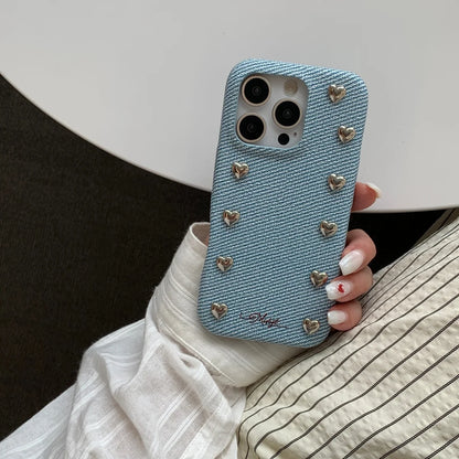 【ハートスタッズシリーズ】シルバーハート レザー デニム調 デザインスマホケース｜iPhone対応 #251217