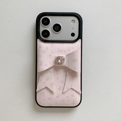 【立体リボン】ハートビジュー フラワー ソフトレザー調 小花柄 iPhoneケース #260208