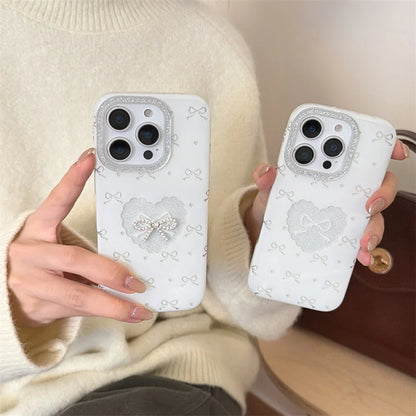 リボンハートデザイン iPhoneケース｜立体ラインストーンリボン モチーフケース #260308