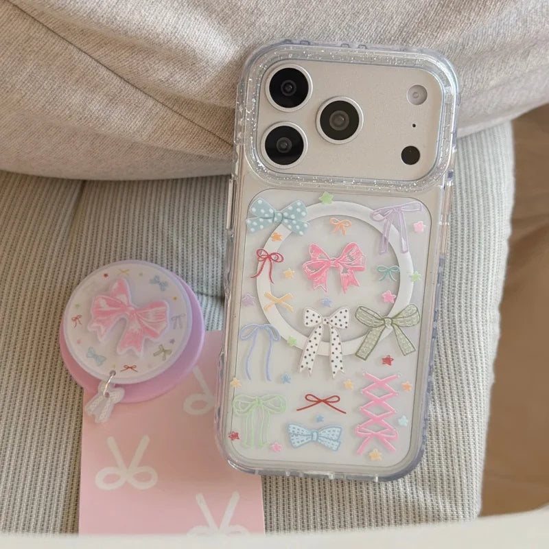 リボン総柄 クリアグリッター Magnetグリップ付き iPhoneケース #260213