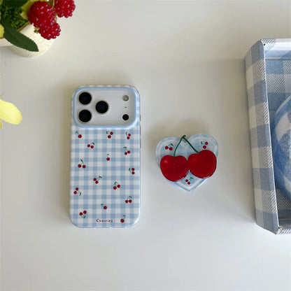 チェリー チェック柄 水色 キュートなさくらんぼ iPhoneケース｜淡色・ガーリー #260075