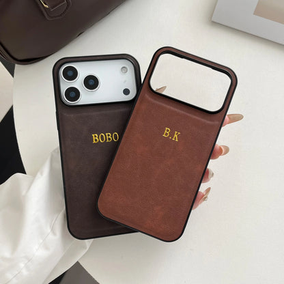 【カスタムNAMEシリーズ】シンプル 箔押し 刻印 レザー調ケース｜iPhone対応 #240820