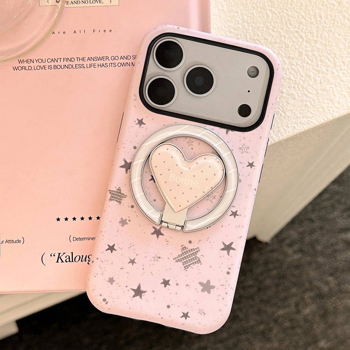 【マグネット式折りたたみハートスタンド付き】スプラッシュインク スター 星屑デザイン ハートリング付きスマホケース｜iPhone対応 #240629