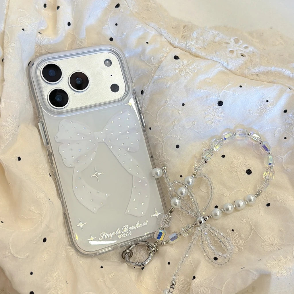 ビジュー ラメリボン ビーズストラップ付き クリア iPhoneケース #260602