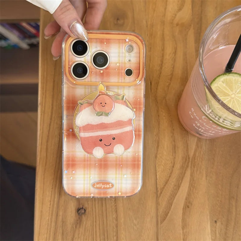 【Magnet内蔵】クリームケーキ オレンジ ギンガムチェック スマホケース｜ゆるかわポップソケット｜iPhone対応 #241203