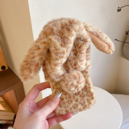 もこもこ 耳付き ラビット アニマルフード レオパード ヒョウ柄 iPhoneケース｜ファー素材 #240424