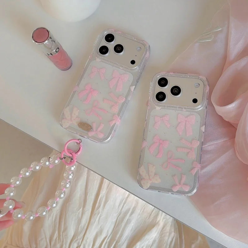 【リボンモチーフ】 クリア iPhoneケース 水玉模様 蝶結び付き ソフトシェル｜パールストラップ・淡色デザイン #230907