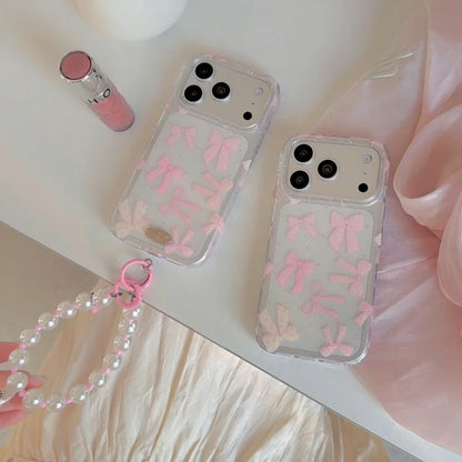 【リボンモチーフ】 クリア iPhoneケース 水玉模様 蝶結び付き ソフトシェル｜パールストラップ・淡色デザイン #230907