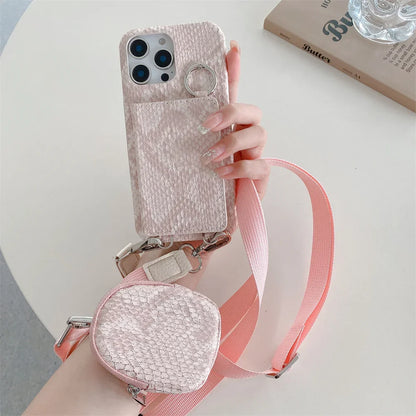 【スネークシリーズ】ヘビ柄 高見え ショルダーストラップケース ＋ カード収納 ミラー ミニポーチ #240916