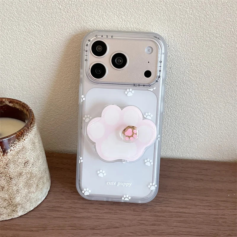 ホワイト 肉球 くるくる回る グリップ 足跡 iPhoneケース #231001