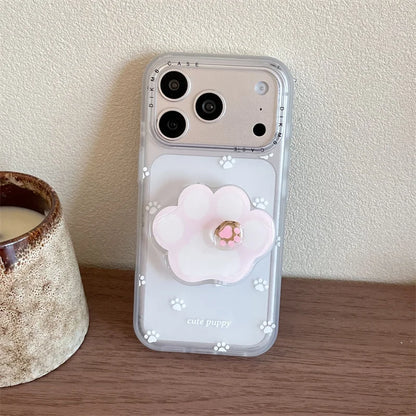 ホワイト 肉球 くるくる回る グリップ 足跡 iPhoneケース #231001