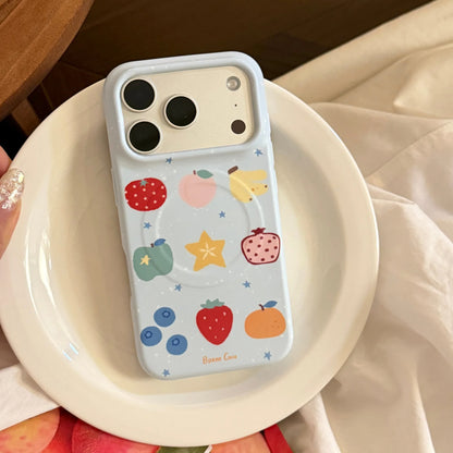 フルーツ柄 グリップ ブルー Magnet内蔵 iPhoneケース｜淡色レトロ・ナチュラル #260046
