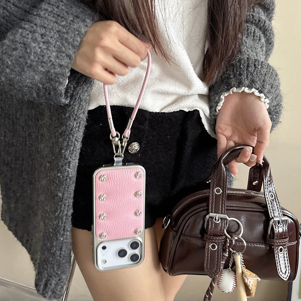 【ローズスタッズ】シルバーフレーム ピンク レザー風 ストラップ付き ケース｜iPhone対応 #240924