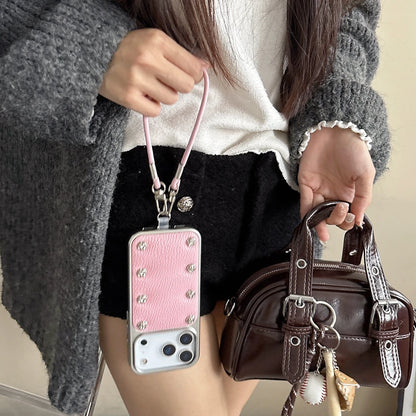 【ローズスタッズ】シルバーフレーム ピンク レザー風 ストラップ付き ケース｜iPhone対応 #240924