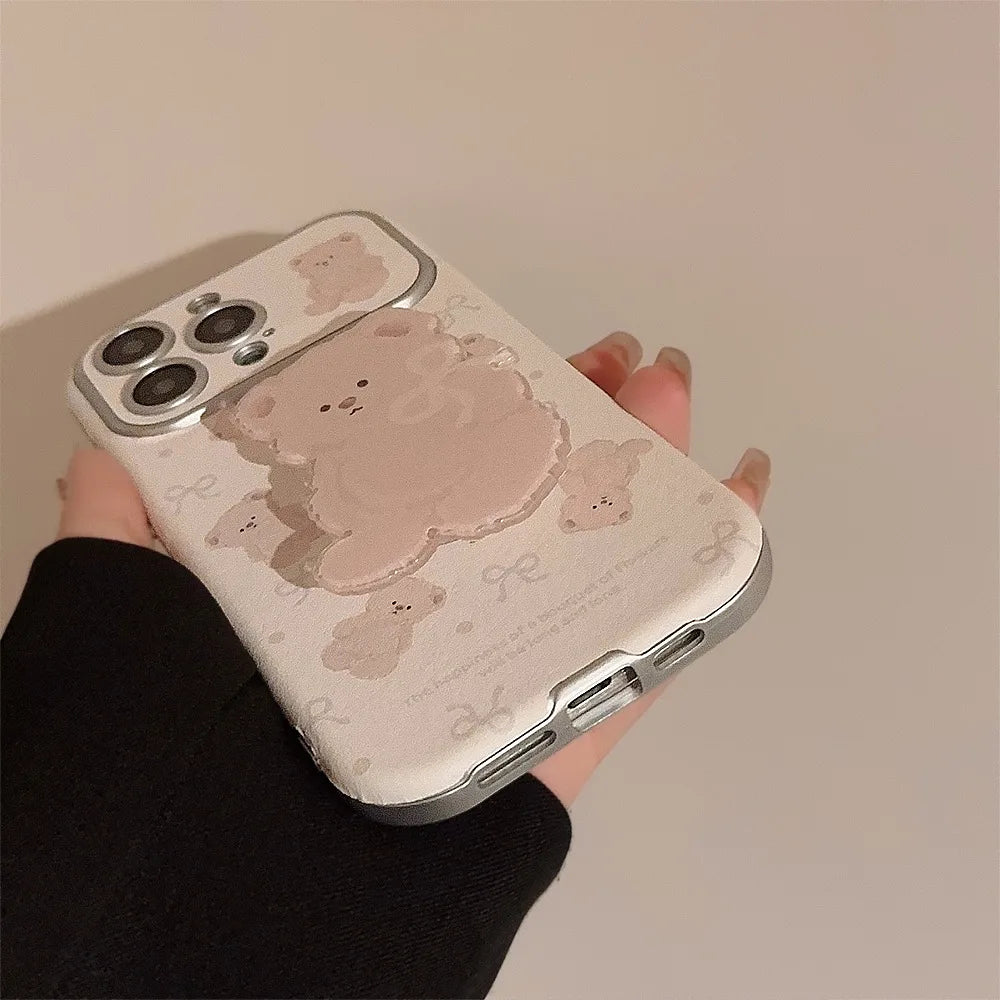 【モカベアスタンド】立体くま ポップソケット × リボンエンボス スマホケース｜iPhone対応 #241229