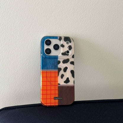 【カウパッチワーク】デニム×チェック×アニマル柄 スマホケース｜iPhone対応 #250123
