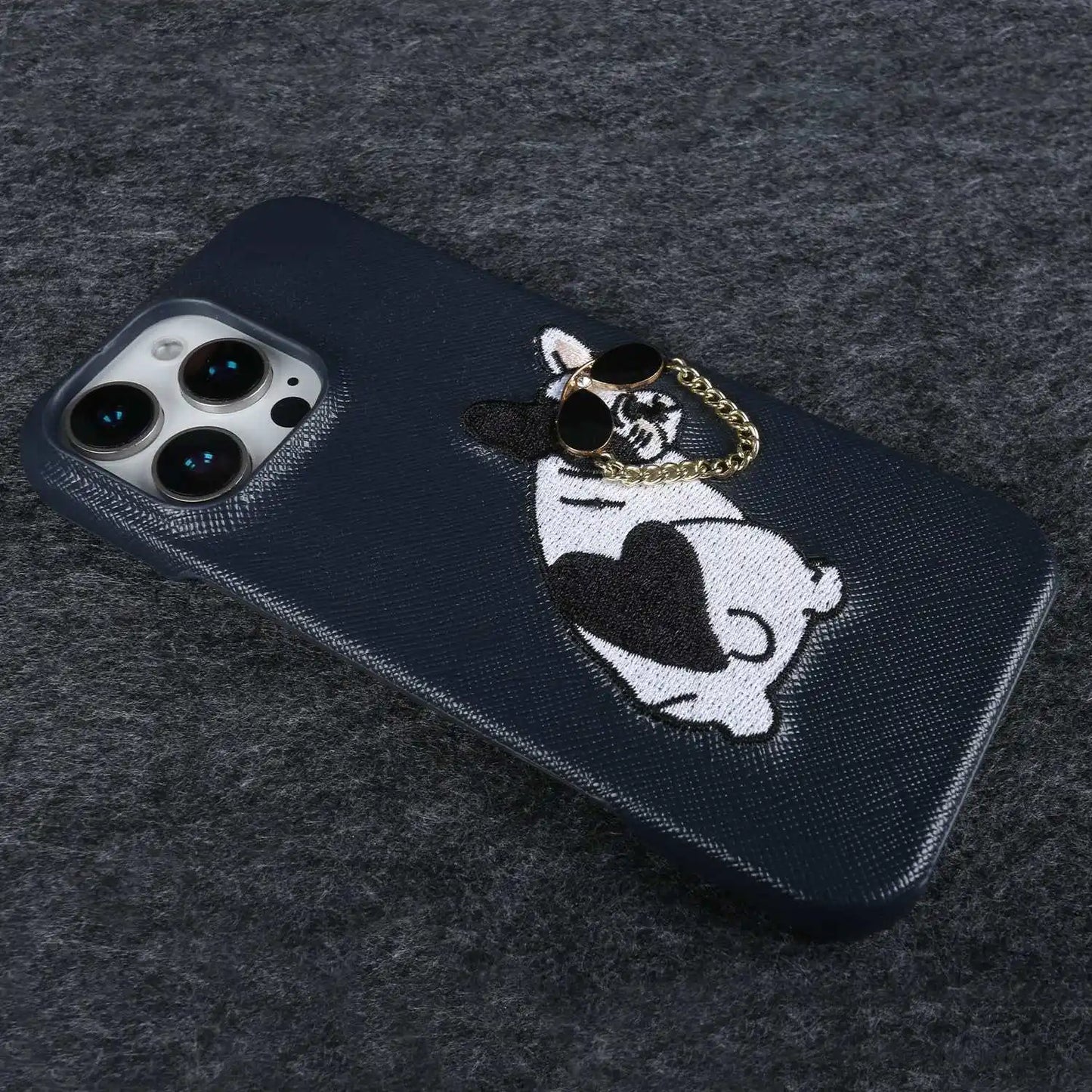 【本革シリーズ】 レザー サングラス フレンチブルドッグ 刺繍 iPhoneケース #260211