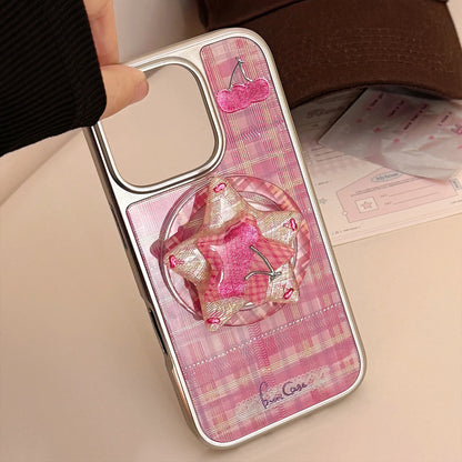 【Magnet対応】ピンクチェック スターチェリー × シルバーフレーム スマホケース｜iPhone対応 #240822