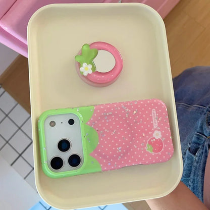 ストロベリードット ミラーグリップ付き iPhoneケース｜いちごイラスト・3Dフルーツグリップ #240429