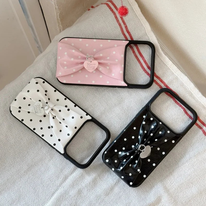 【立体リボン】 ハートチャーム付き ソフトレザー調 ドット柄 水玉 iPhoneケース #260209